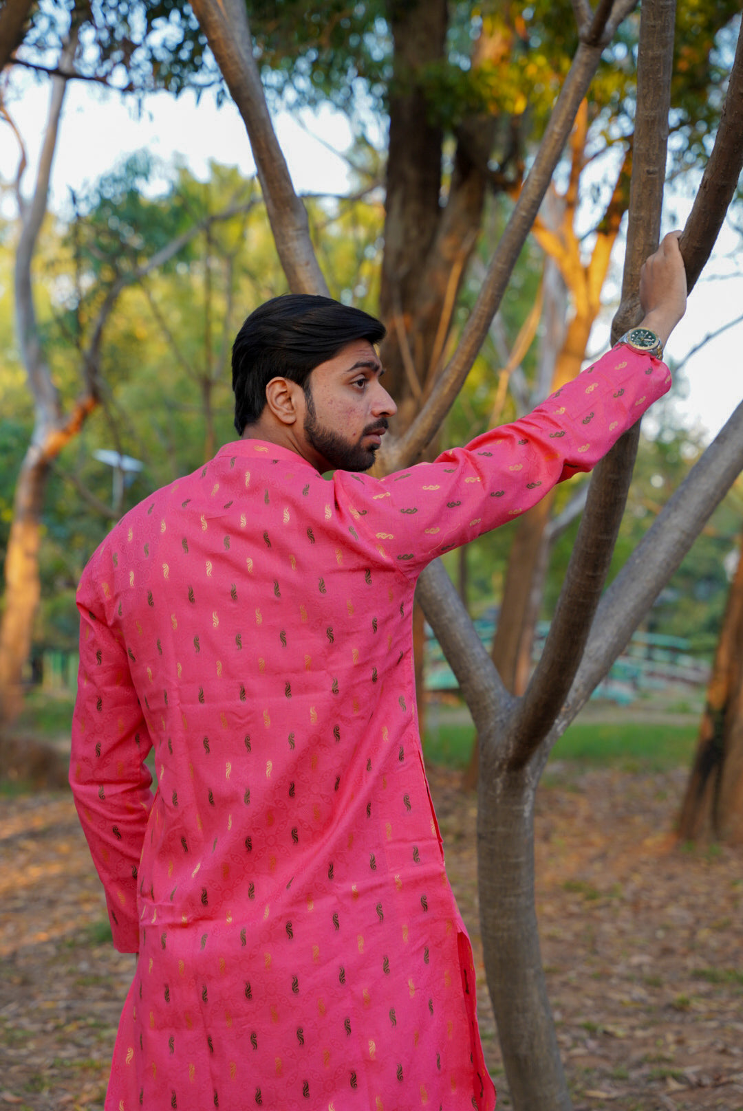 Pink Printed Cotton Kurta For Mens