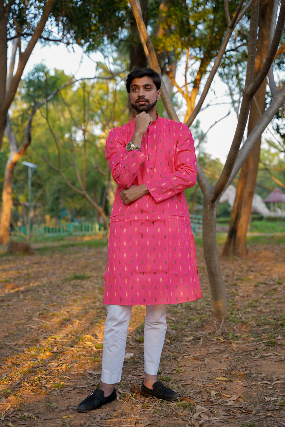 Pink Printed Cotton Kurta For Mens