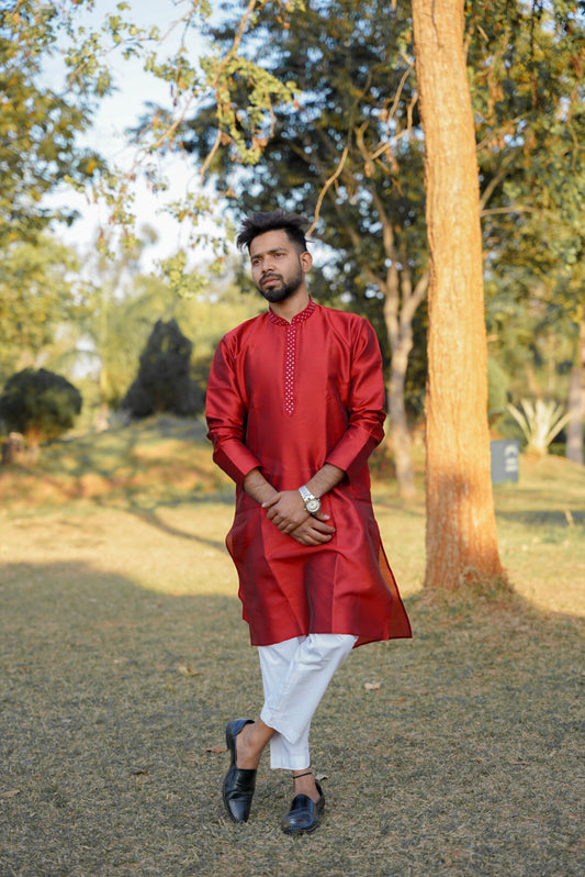 Magnificent Red Collar Stone Work Kurta For Mens